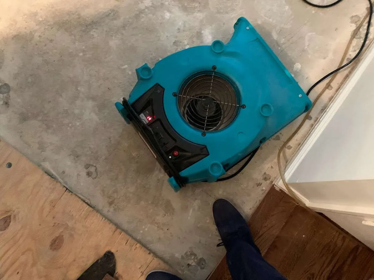 Air mover drying subfloor during Commercial Water Damage Restoration in Cottage Grove